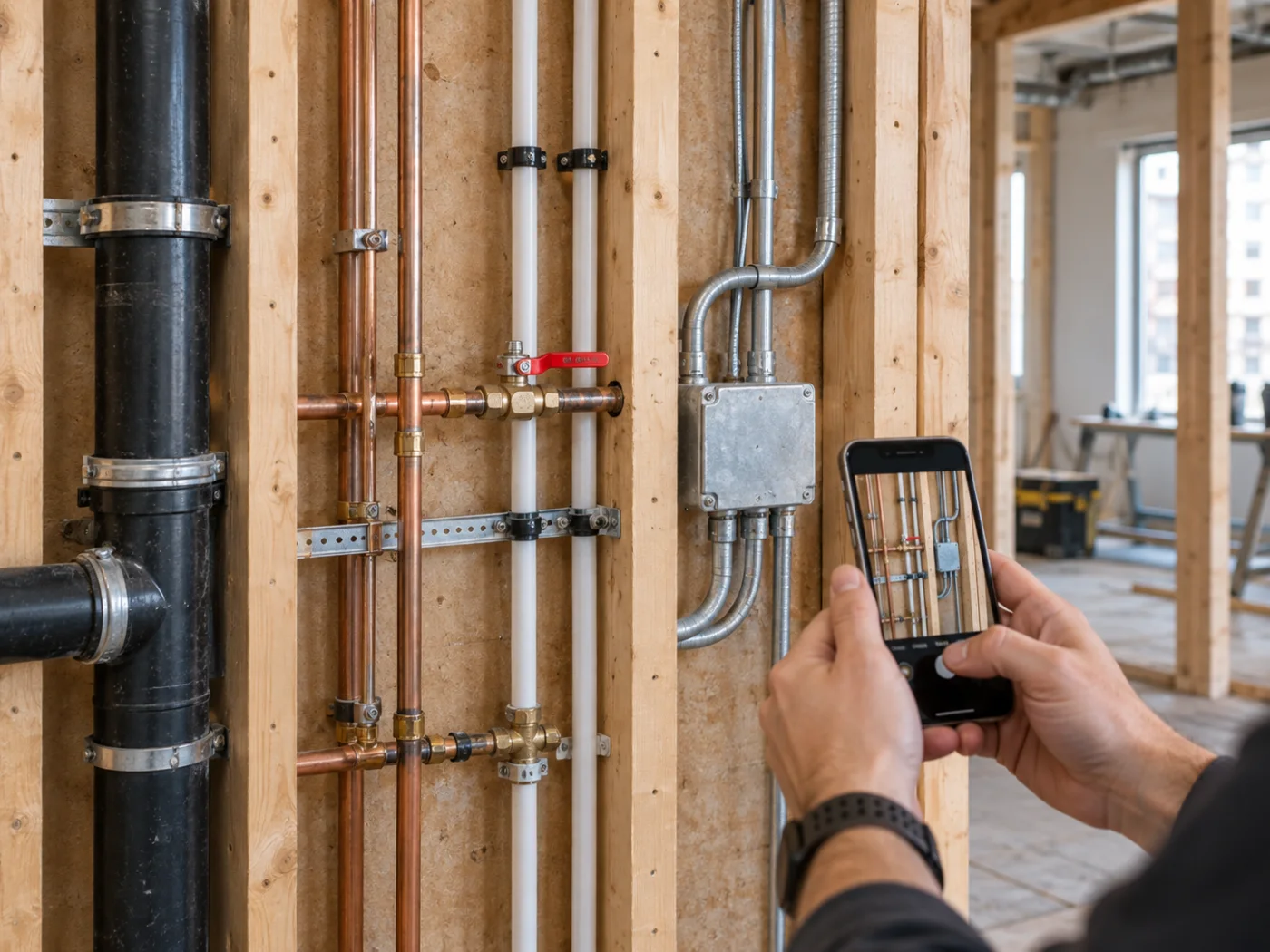 A technician documenting pipes, conduits and a junction box before a wall is closed