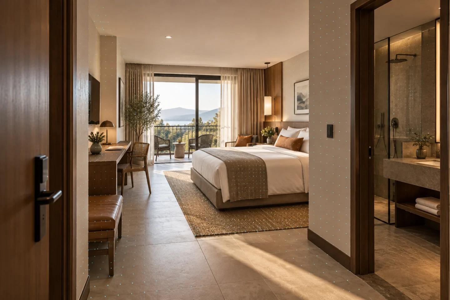 Boutique hotel suite captured as a digital twin, showing the bed, desk, bathroom and balcony relationship